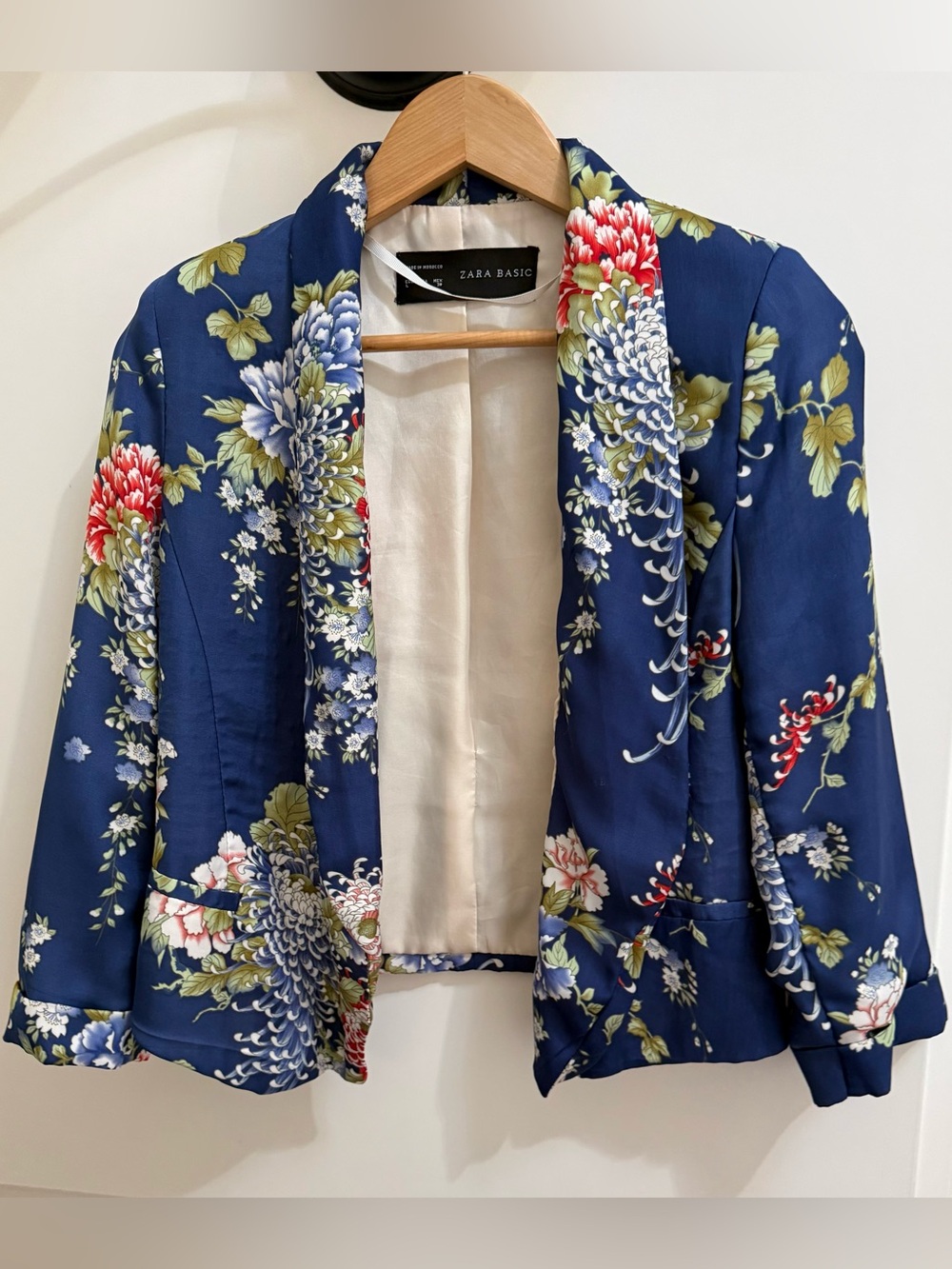 Zara Basic Blue Asian Floral Silky Cropped Blazer Open Front Large L